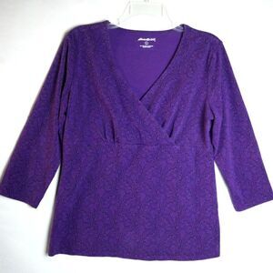 Eddie Bauer Top Womens Size L 3/4 Sleeve Knit Tee Floral Purple Faux Wrap Neck